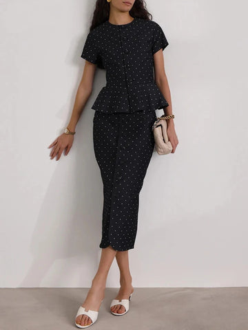 Slim Polka Dot Set – Blouse and Midi Skirt