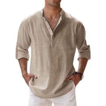 Men's Casual Cotton-Linen Henley Shirt