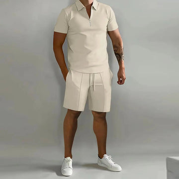 Men's Solid Color Polo Shirt & Shorts Set