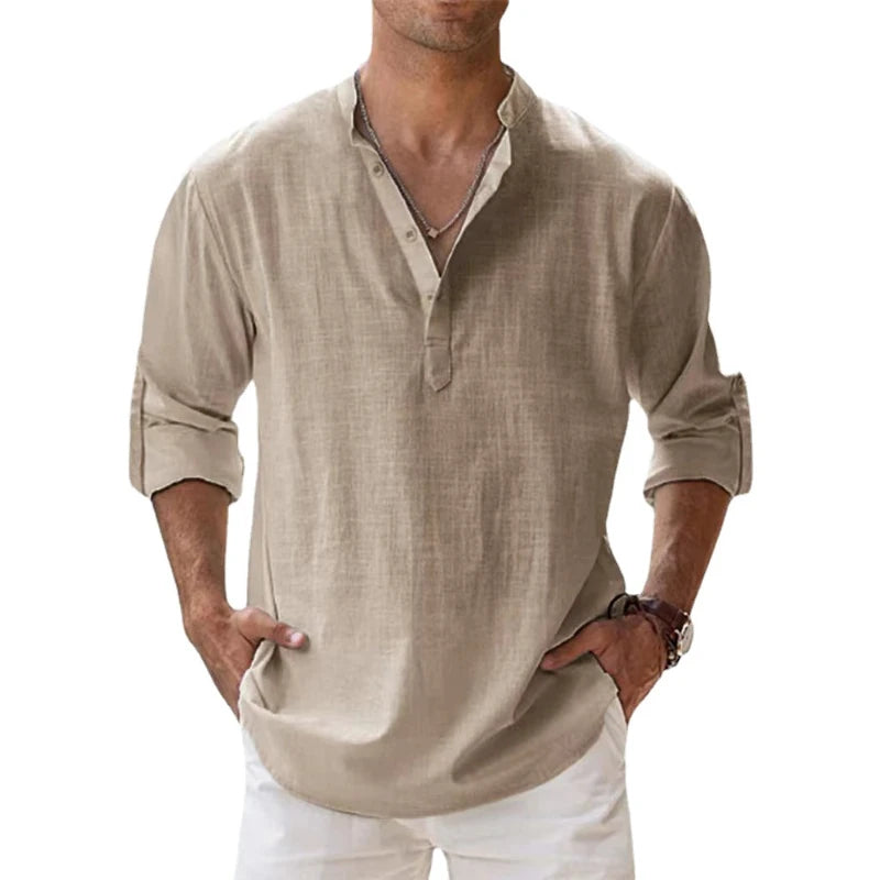 Men's Casual Cotton-Linen Henley Shirt