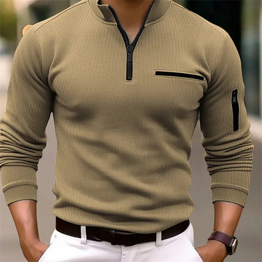 Men's Retro Striped Zipper Polo Shirt