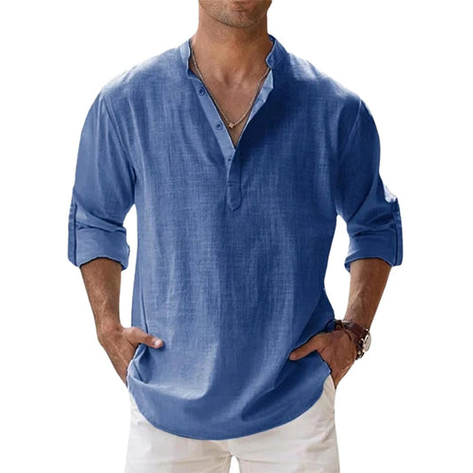 Men's Casual Cotton-Linen Henley Shirt