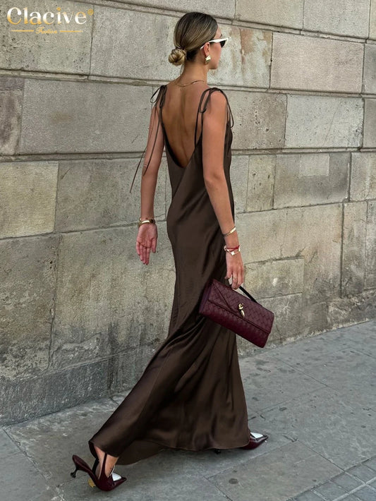 Fluid Satin Maxi Dress – Backless Chocolate