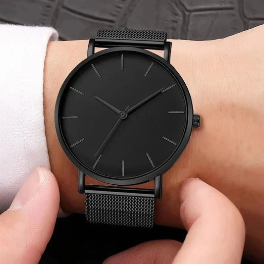Minimalist Black Stainless Steel Quartz Watch for Men